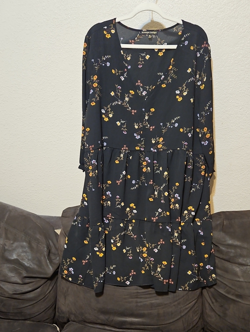 Always Indigo Black Long-Sleeve Floral Tiered Dress